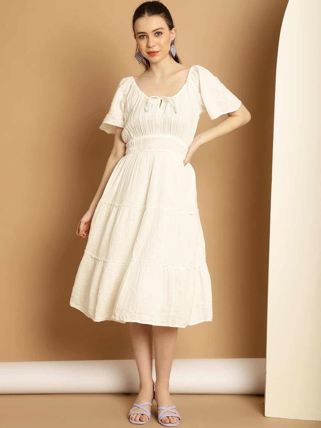 

NoBarr Tie-Up Neck Smocked Tiered Cotton Fit & Flare Dress, White