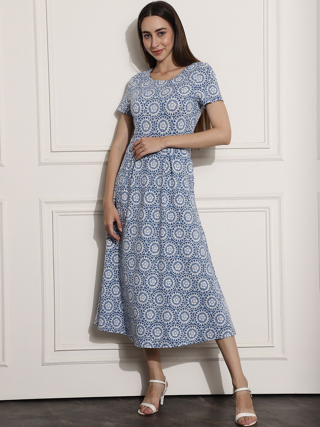

NoBarr Floral Printed Cotton Midi A-Line Dress, Blue