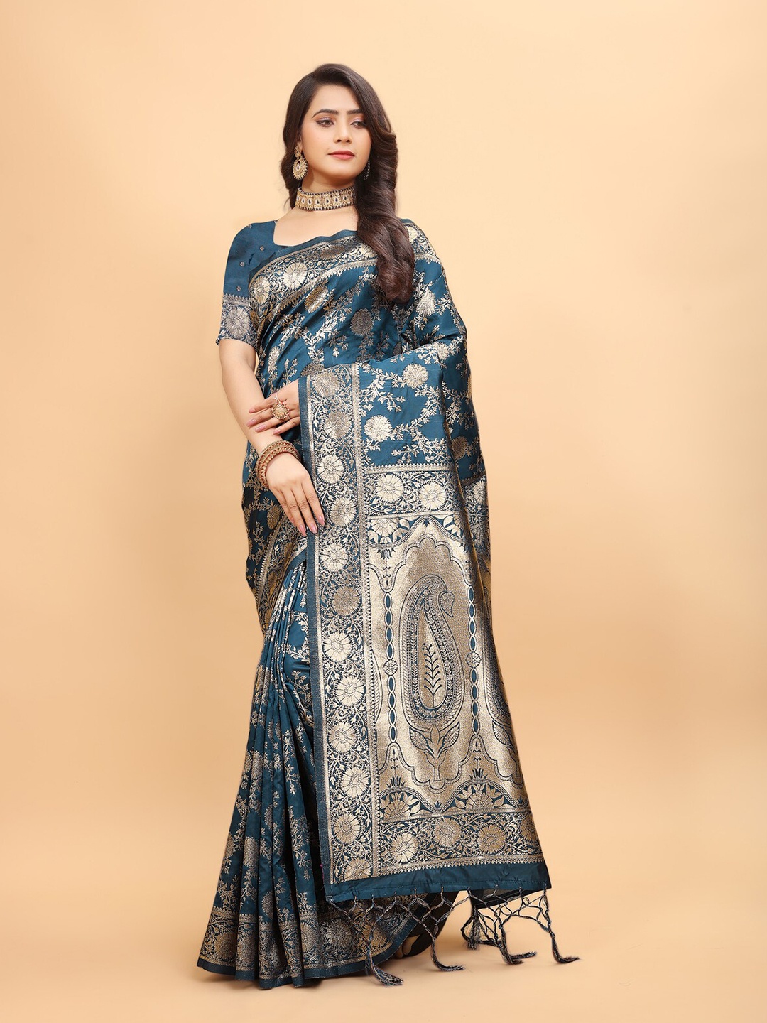 

DRIZOMIZ Ethnic Motifs Woven Design Zari Banarasi Saree, Blue