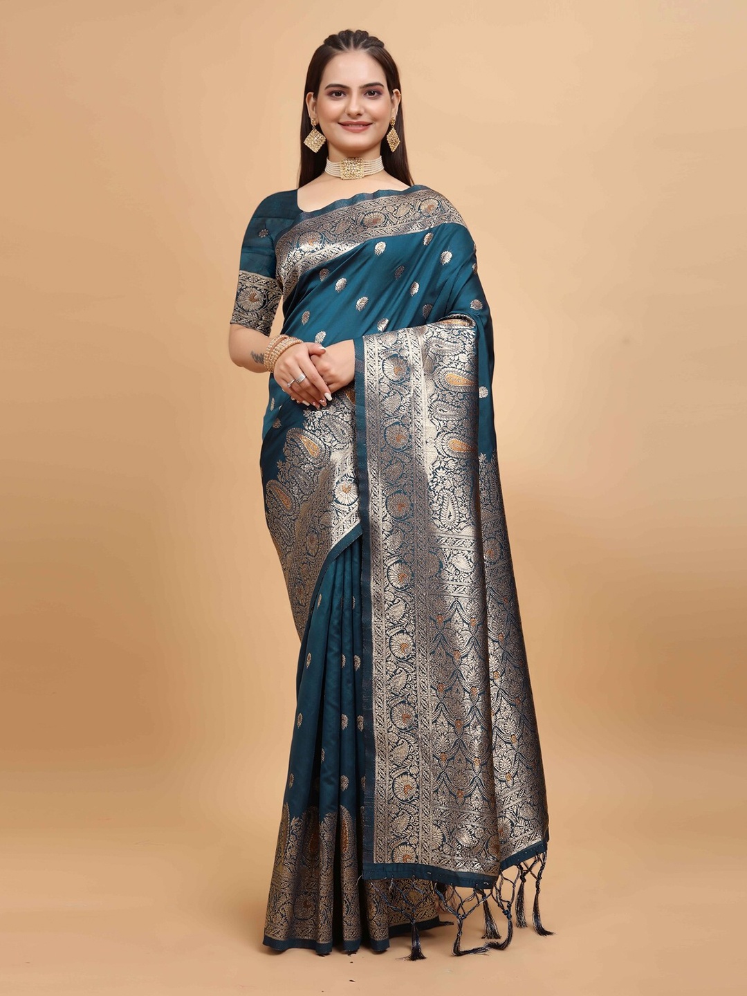 DRIZOMIZ Ethnic Motifs Woven Design Zari Kanjeevaram Saree, Blue