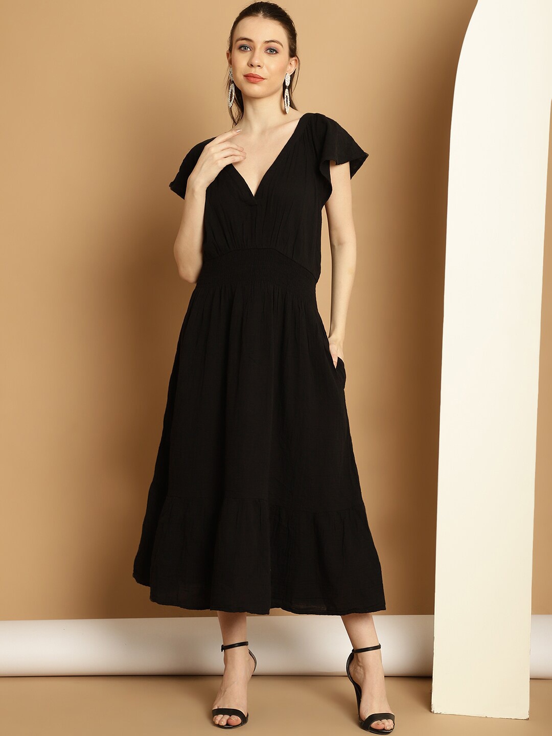 

NoBarr Flutter Sleeve Smocked Cotton Midi Fit & Flare Dress, Black