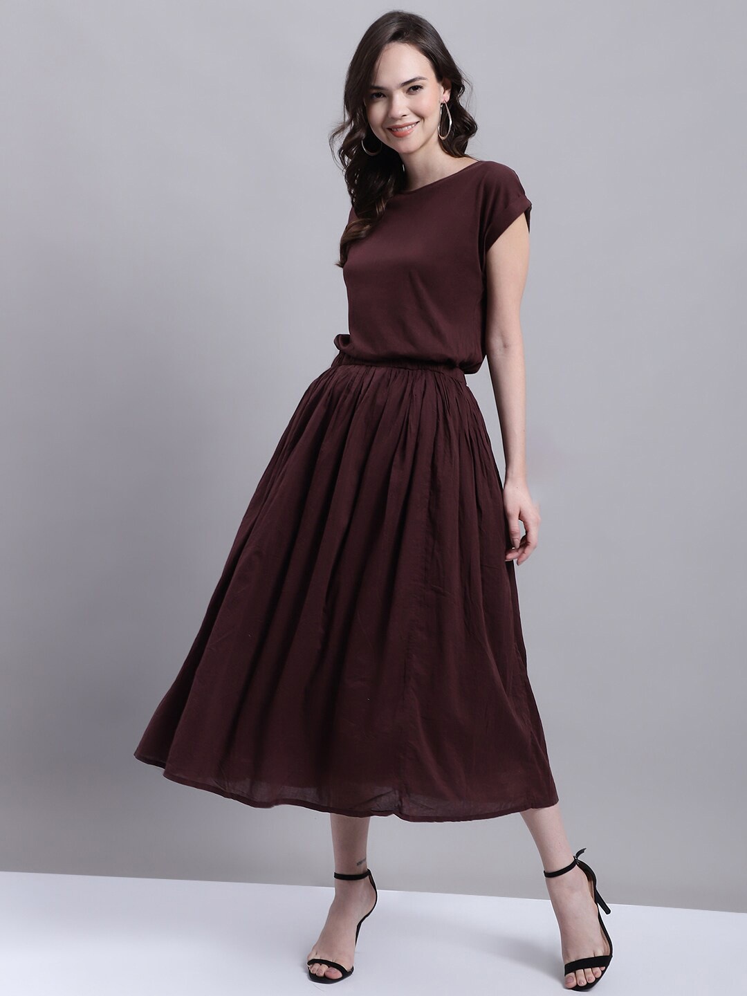 

NoBarr Fit & Flare Cotton Midi Dress, Brown