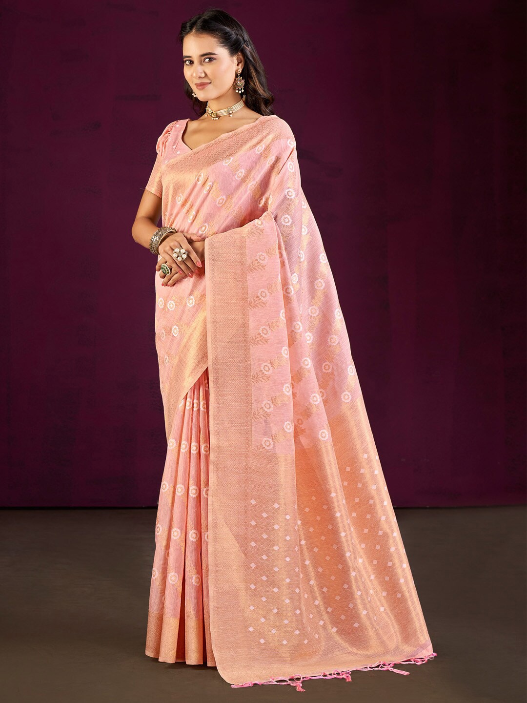 

Mitera Ethnic Motifs Woven Design Zari Banarasi Saree, Pink