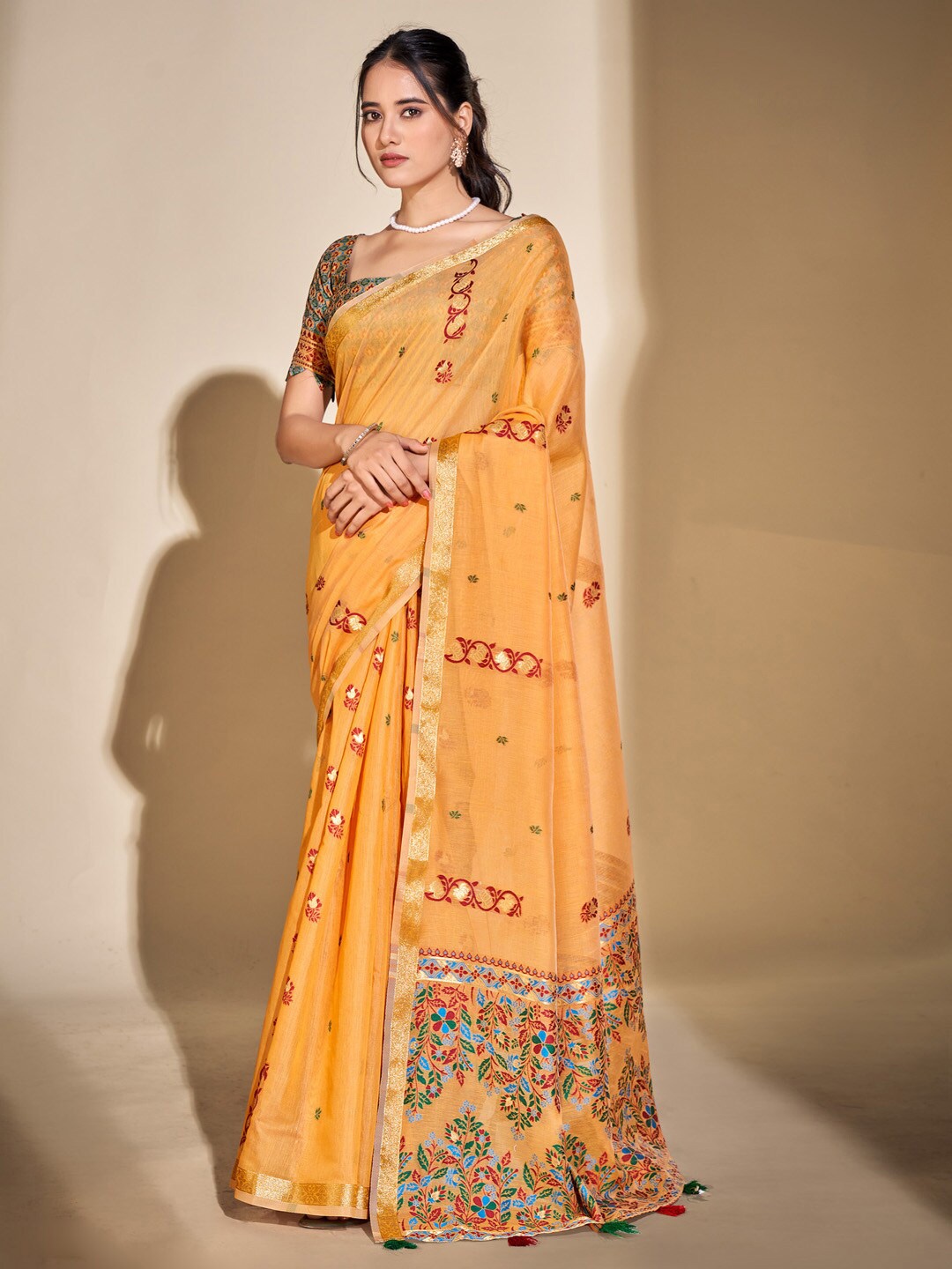 

Mitera Floral Woven Design Zari Saree, Yellow