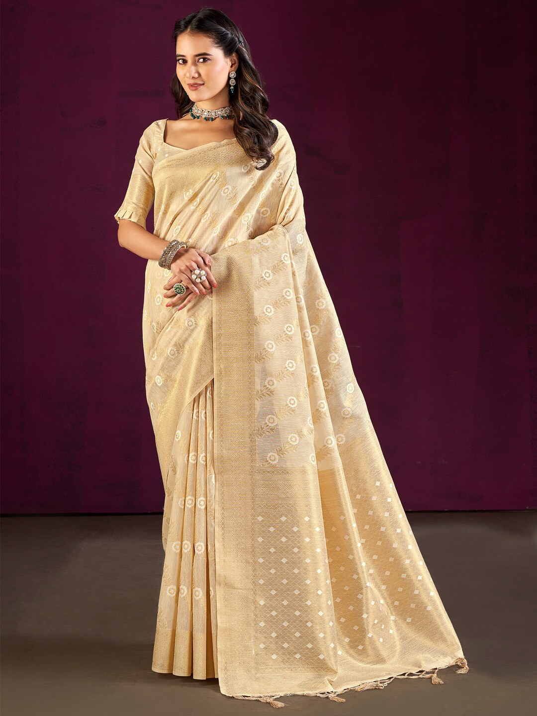 

Mitera Woven Design Zari Banarasi Saree, Cream