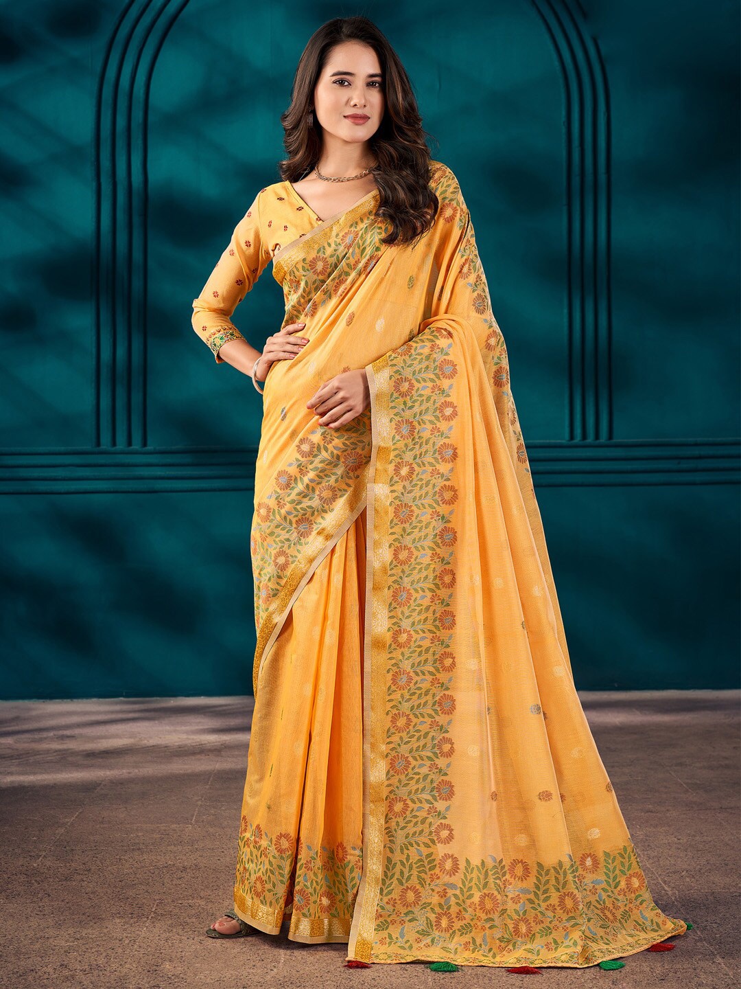 

Mitera Floral Woven Design Zari Banarasi Saree, Yellow