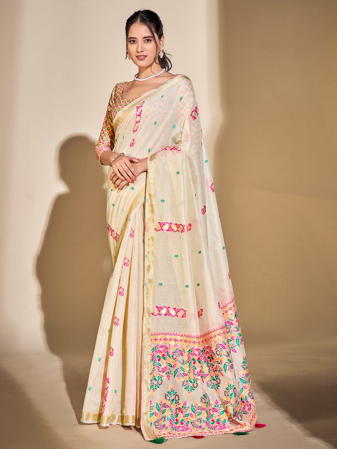 

Mitera Floral Woven Design Zari Banarasi Saree, Off white