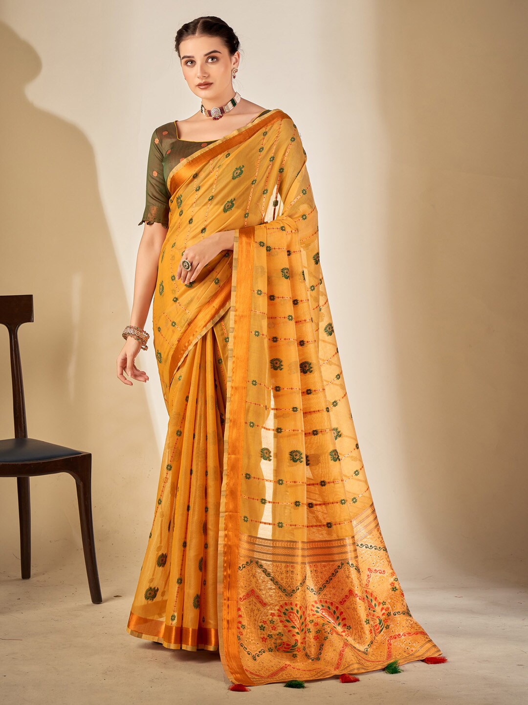 

Mitera Ethnic Motifs Woven Design Zari Cotton Blend Banarasi Saree, Yellow