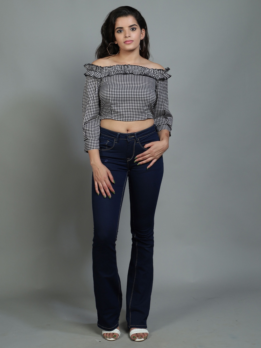 

ADDICTED ATTIRE Checked Off-Shoulder Bardot Crop Top, Black