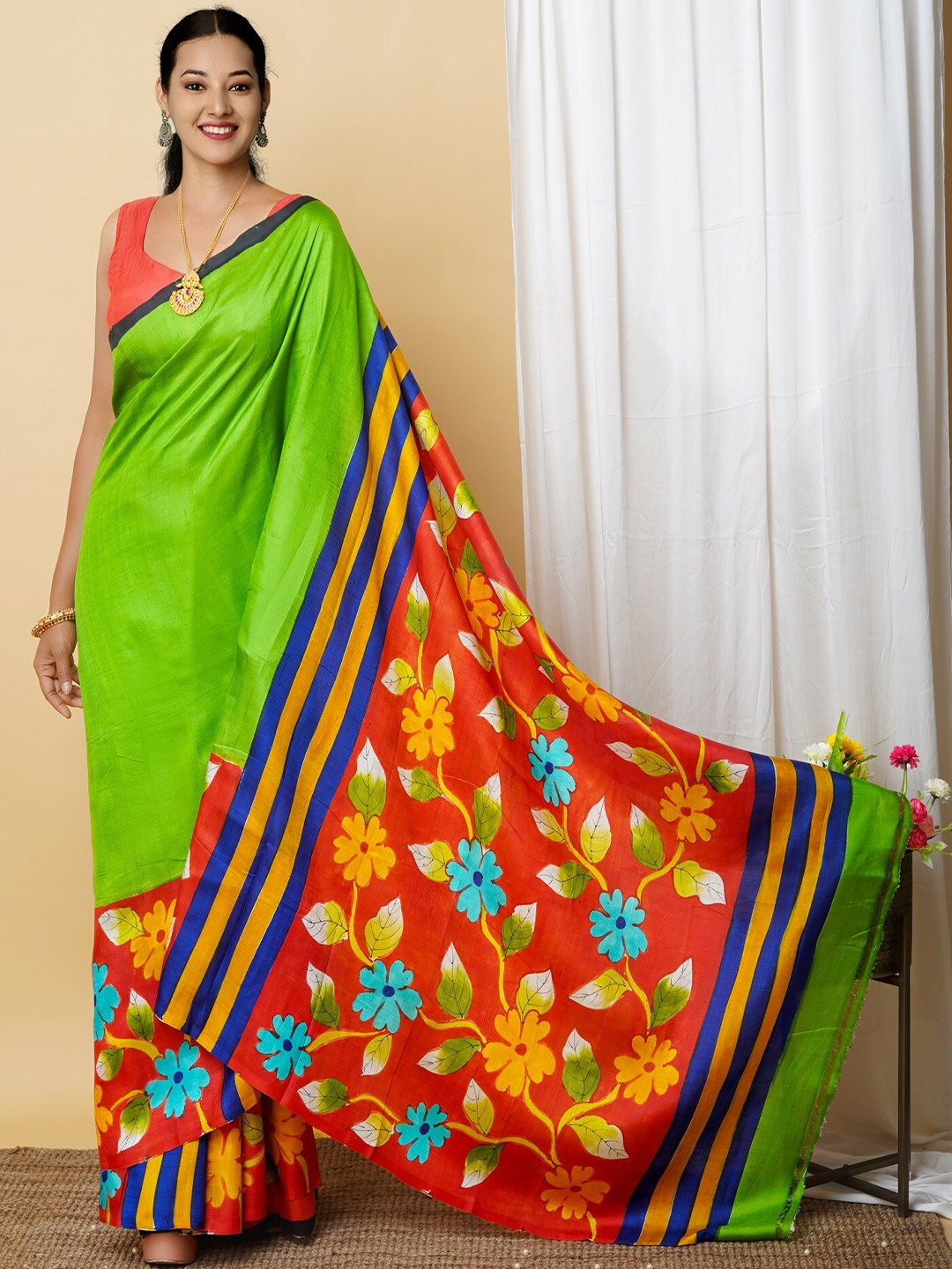 

Unnati Silks Ethnic Motifs Pure Silk Handloom Murshidabad silk Saree, Green