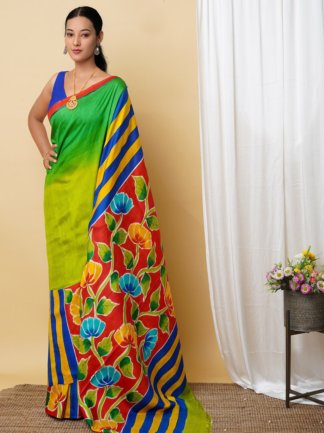

Unnati Silks Ethnic Motifs Pure Silk Handloom Murshidabad silk Saree, Green