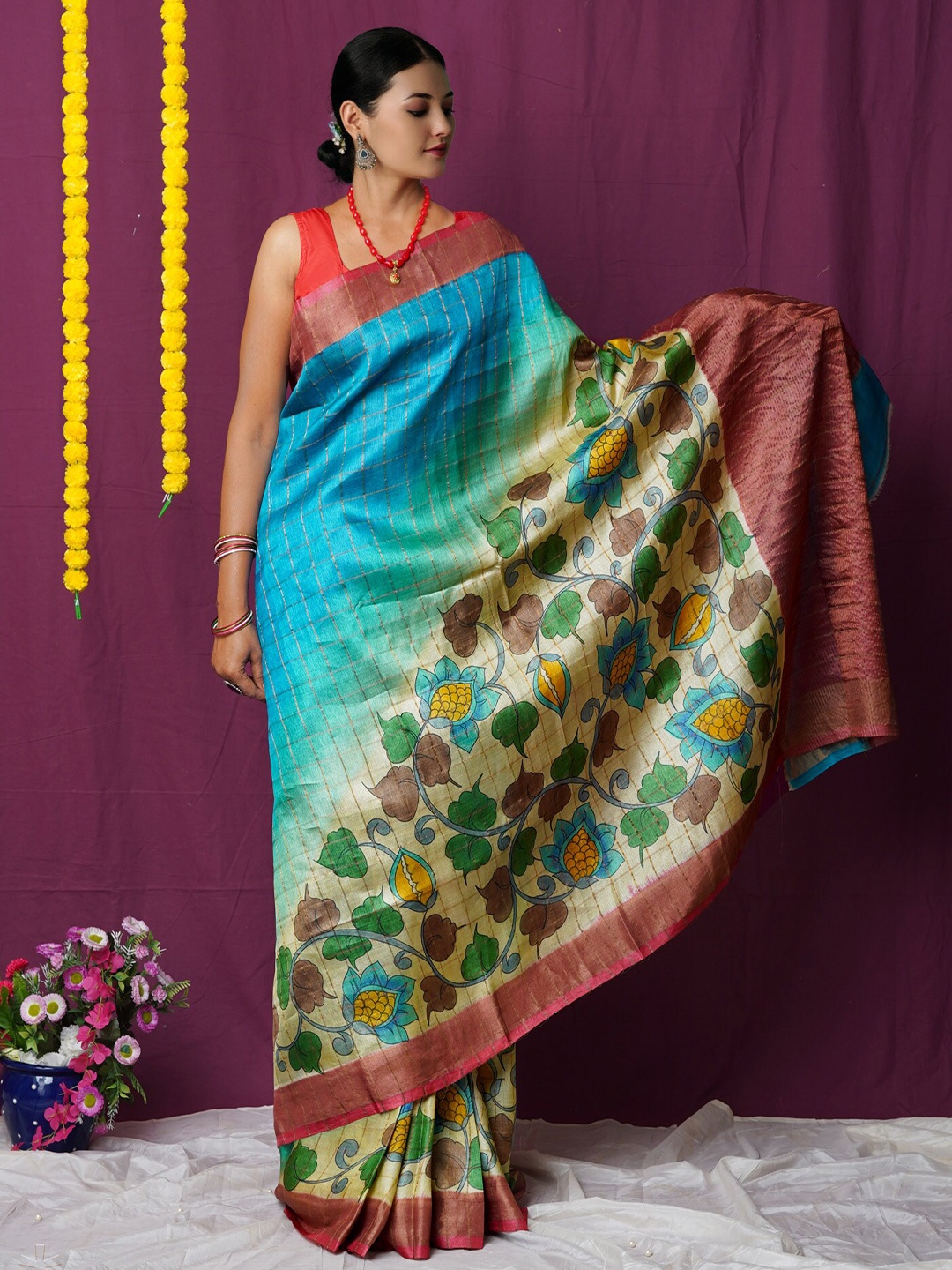 

Unnati Silks Ethnic Motifs Zari Pure Silk Handloom Tussar Saree, Blue