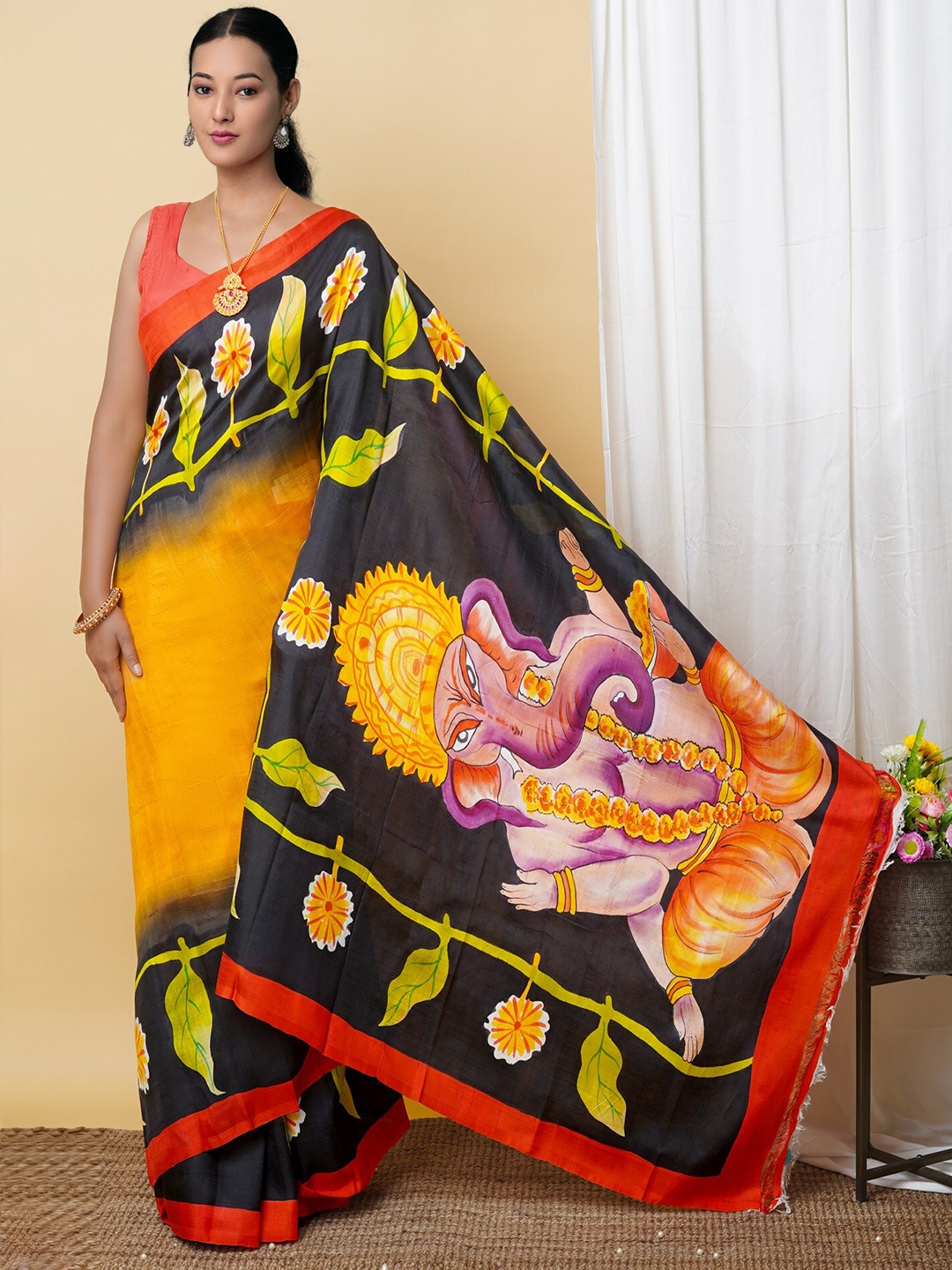 

Unnati Silks Ethnic Motifs Pure Silk Handloom Murshidabad silk Saree, Yellow