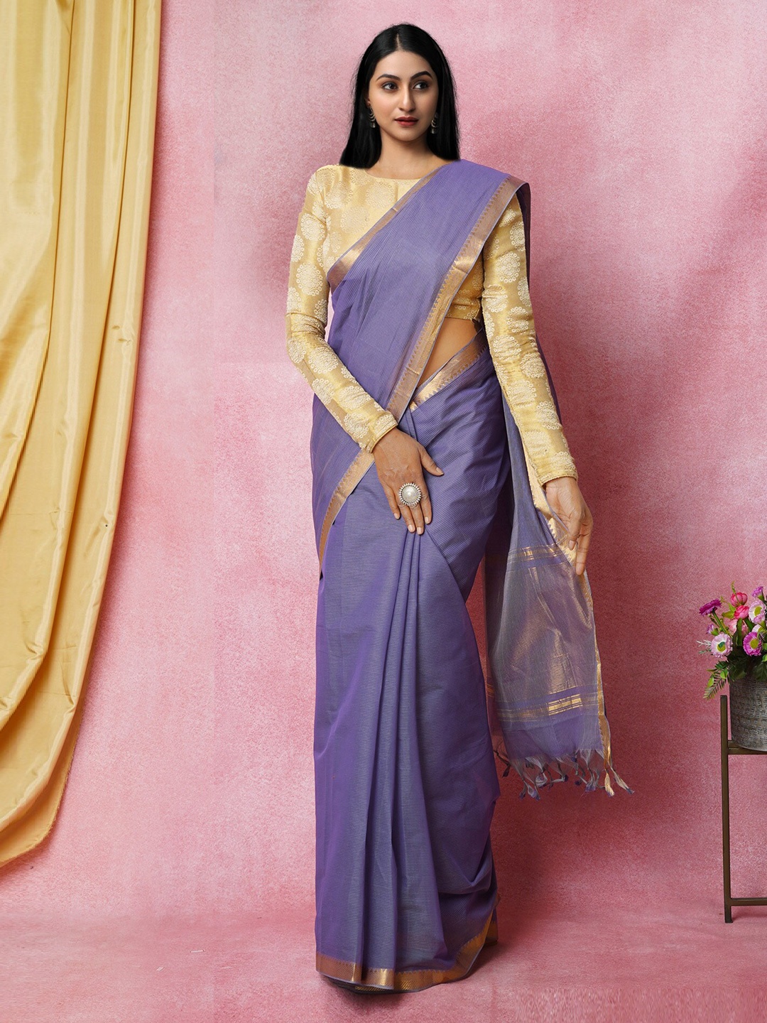 

Unnati Silks Zari Pure Cotton Handloom Mangalagiri Saree, Blue