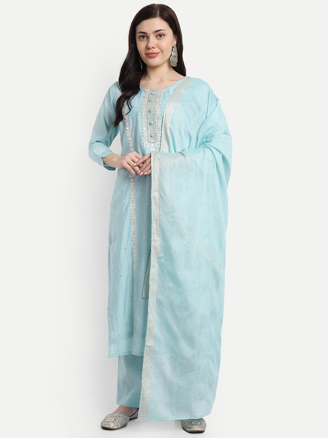 

V B SONS Ethnic Motifs Embroidered Mirror Work Straight Kurta with Trousers & Dupatta, Turquoise blue