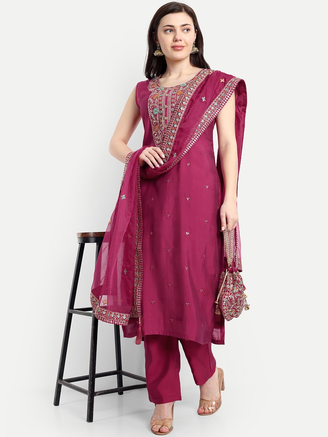 

V B SONS Ethnic Motifs Embroidered Sequinned Straight Kurta with Trousers & With Dupatta, Red