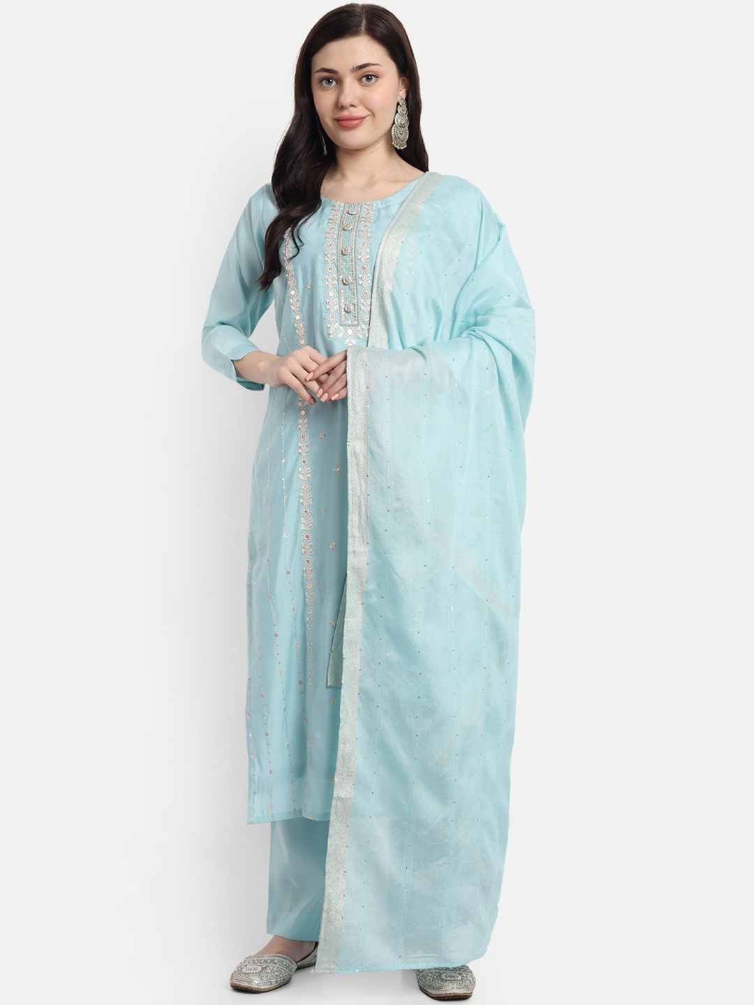 

V B SONS Ethnic Motifs Embroidered Mirror Work Straight Kurta With Trousers & Dupatta, Turquoise blue