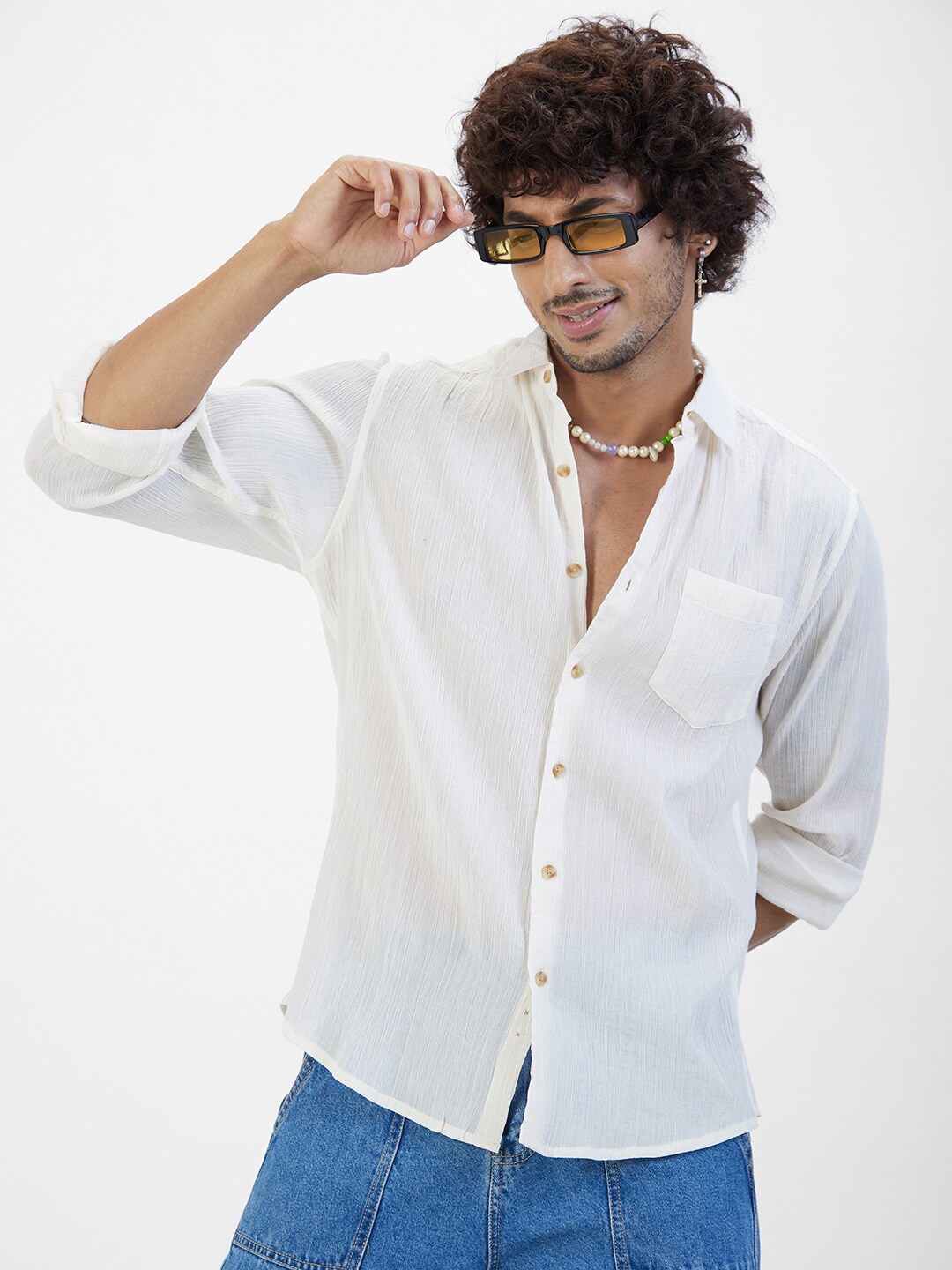 

VASTRADO Classic Slim Fit Spread Collar Cotton Casual Shirt, Off white