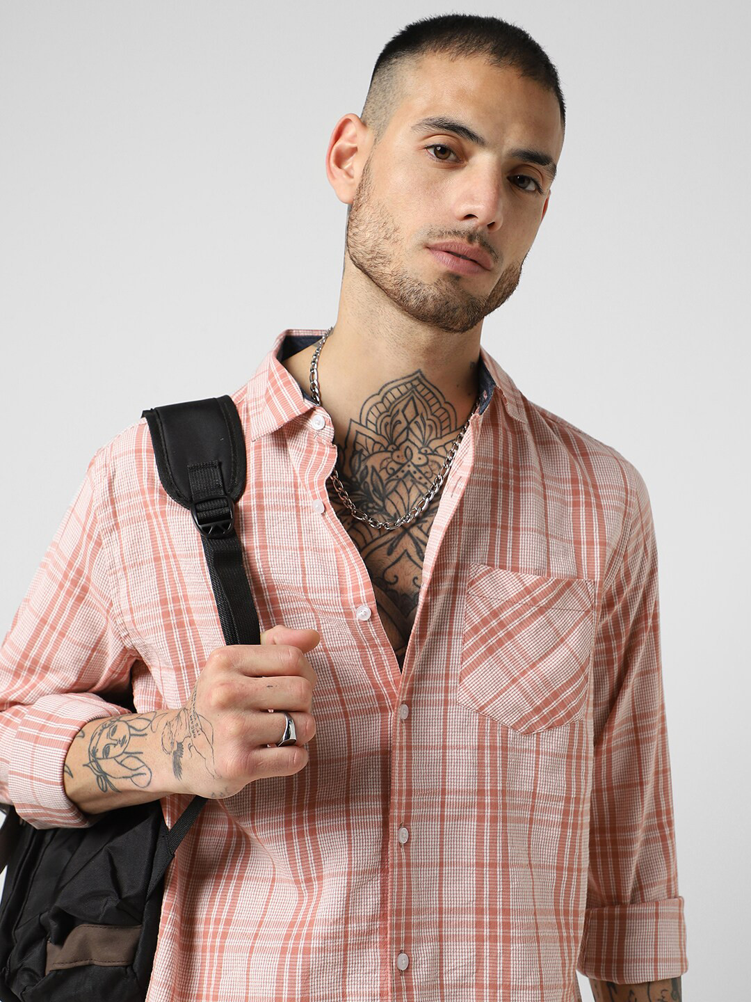 

VASTRADO Slim Fit Tartan Checked Spread Collar Cotton Casual Shirt, Pink