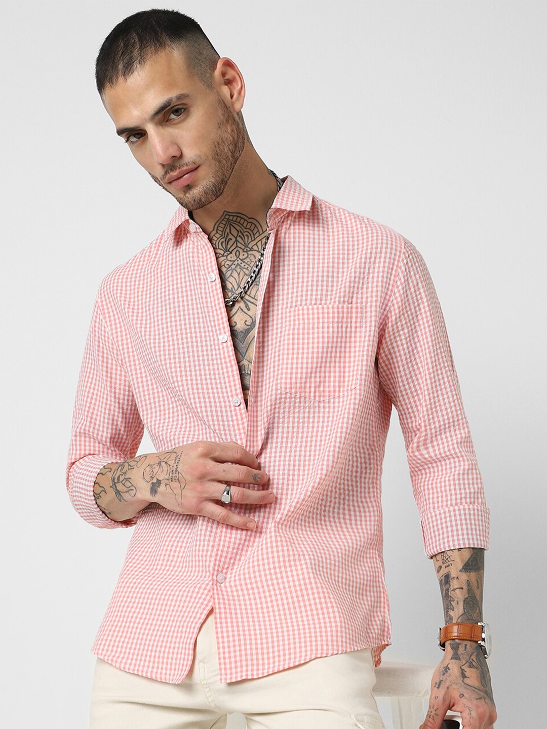 

VASTRADO Classic Slim Fit Micro Checks Opaque Seersucker Weave Cotton Casual Shirt, Pink