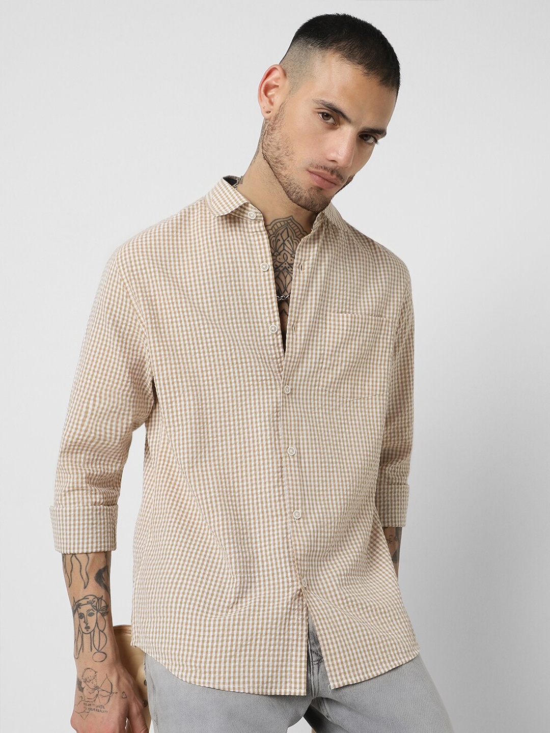 

VASTRADO Classic Slim Fit Micro Checks Opaque Seersucker Weave Cotton Casual Shirt, Beige