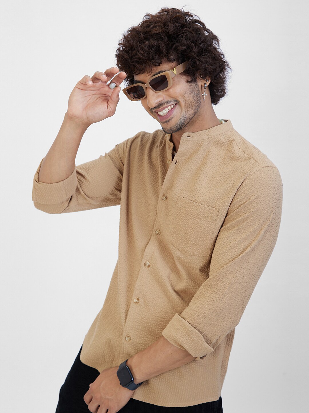 

VASTRADO Classic Slim Fit Mandarin Collar Cotton Casual Shirt, Brown
