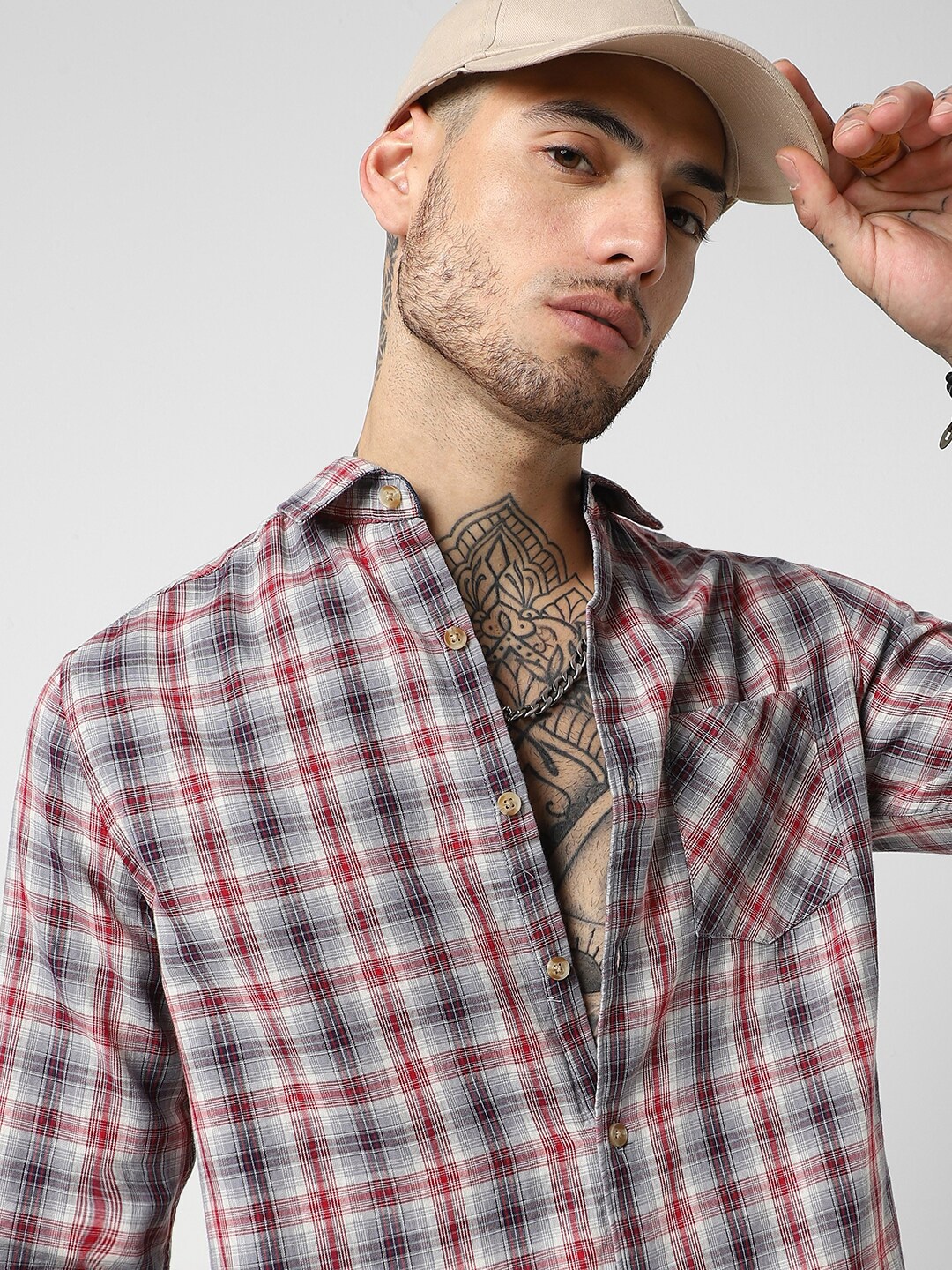 

VASTRADO Slim Fit Tartan Checked Spread Collar Cotton Casual Shirt, Grey