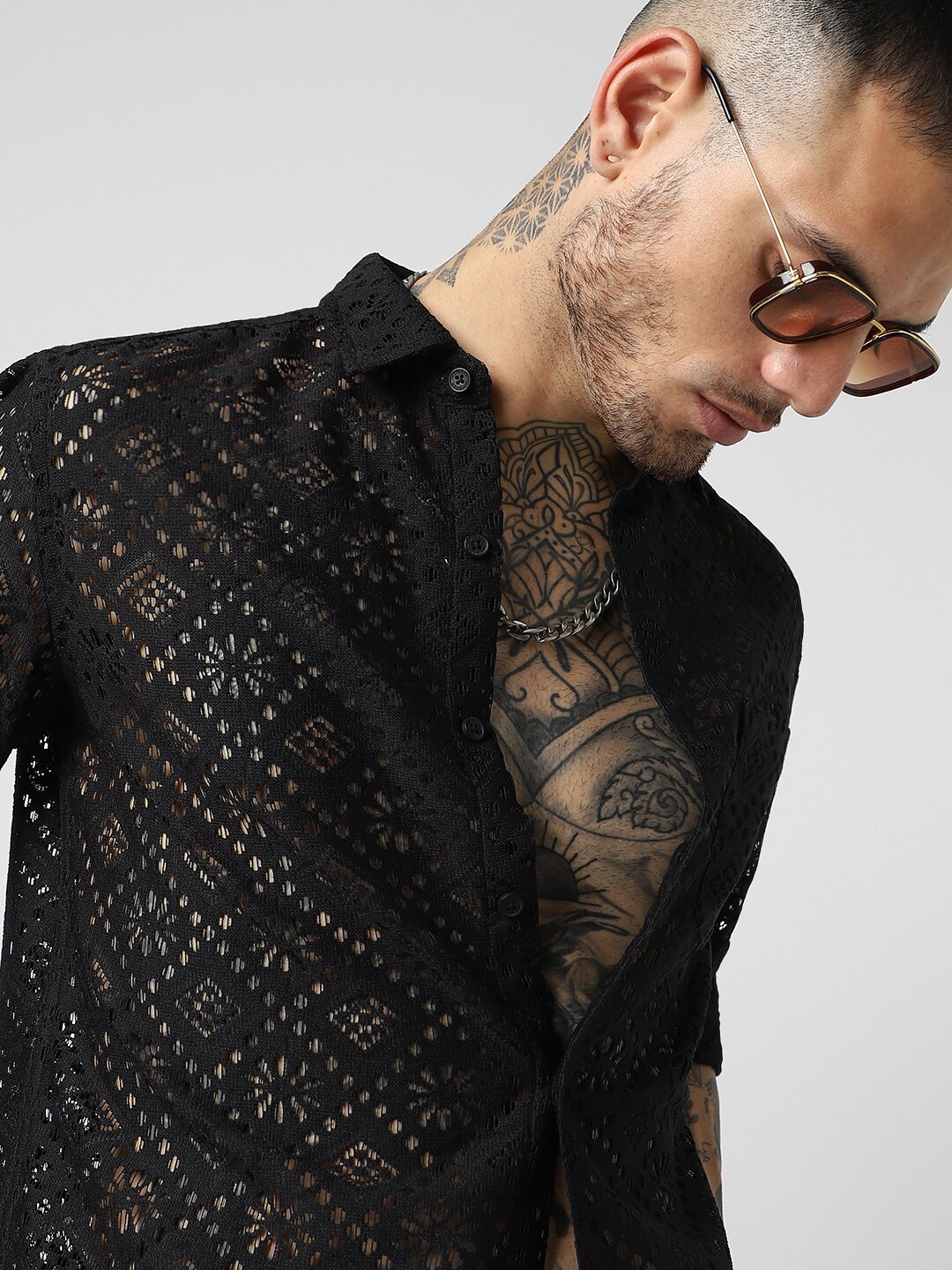 

VASTRADO Spread Collar Crochet Cotton Casual Shirt, Black
