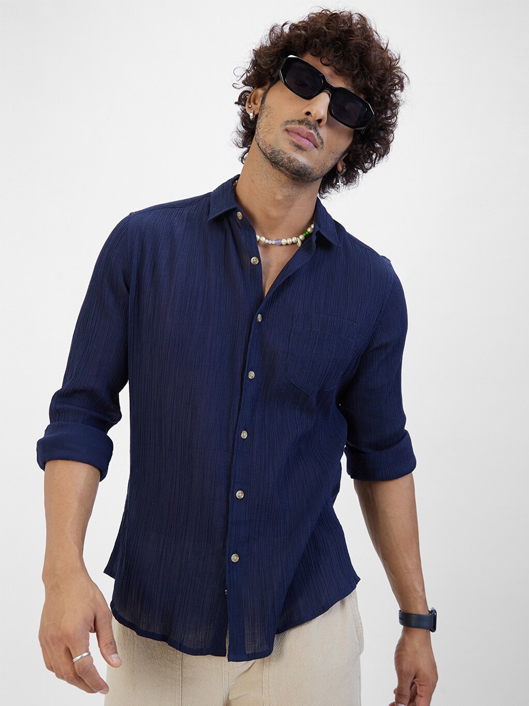 

VASTRADO Classic Slim Fit Textured Opaque Cotton Casual Shirt, Navy blue