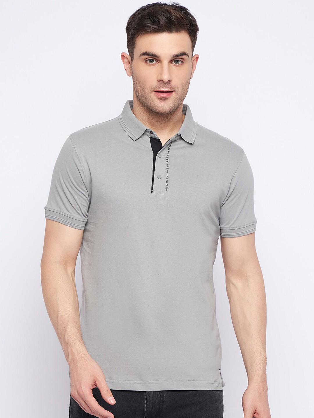 

Okane Cotton Polo Collar Short Sleeves Pockets Casual T-shirt, Grey