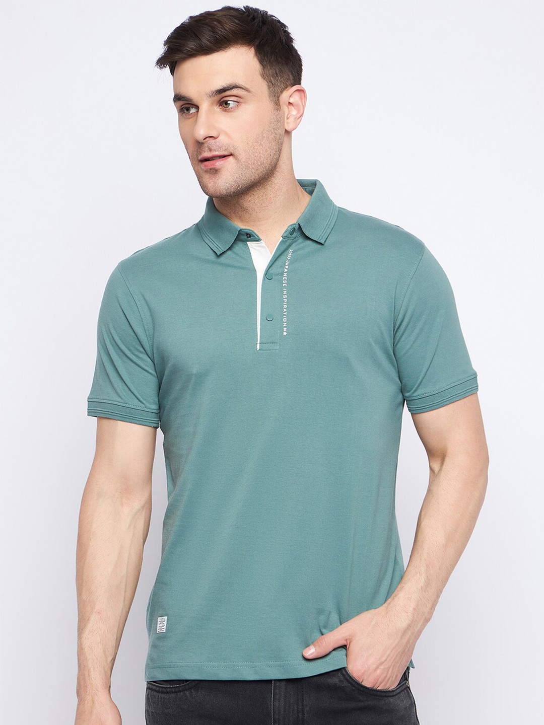 

Okane Cotton Polo Collar Short Sleeves Applique Casual T-shirt, Green