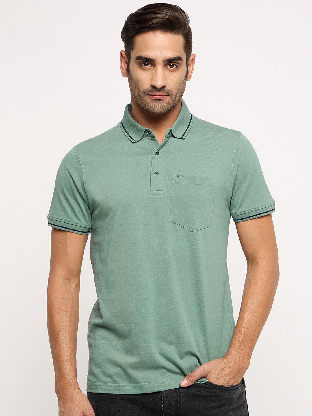 

Okane Cotton Polo Collar Short Sleeves Pockets Casual T-shirt, Green