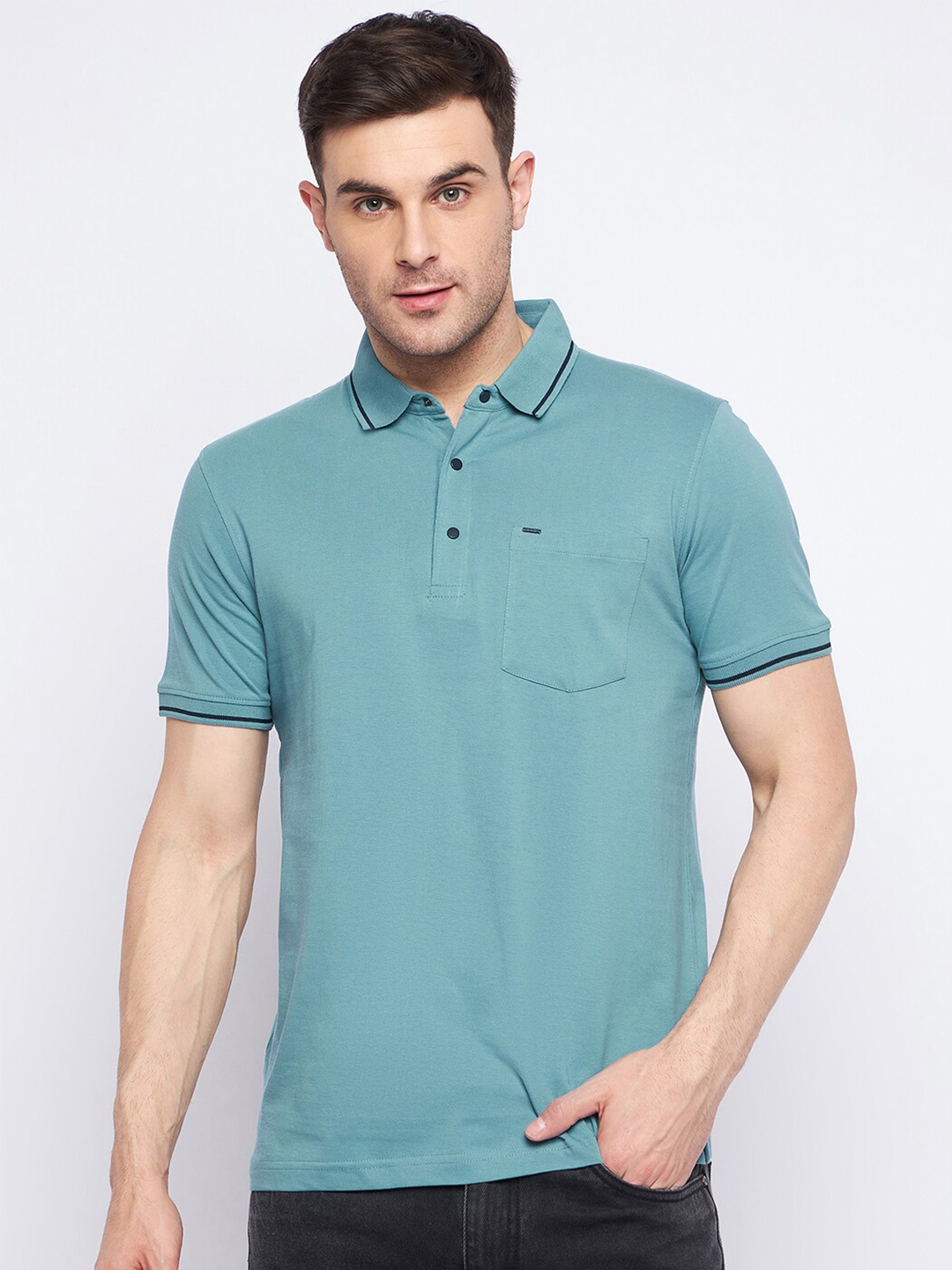 

Okane Cotton Polo Collar Short Sleeves Pockets Casual T-shirt, Blue