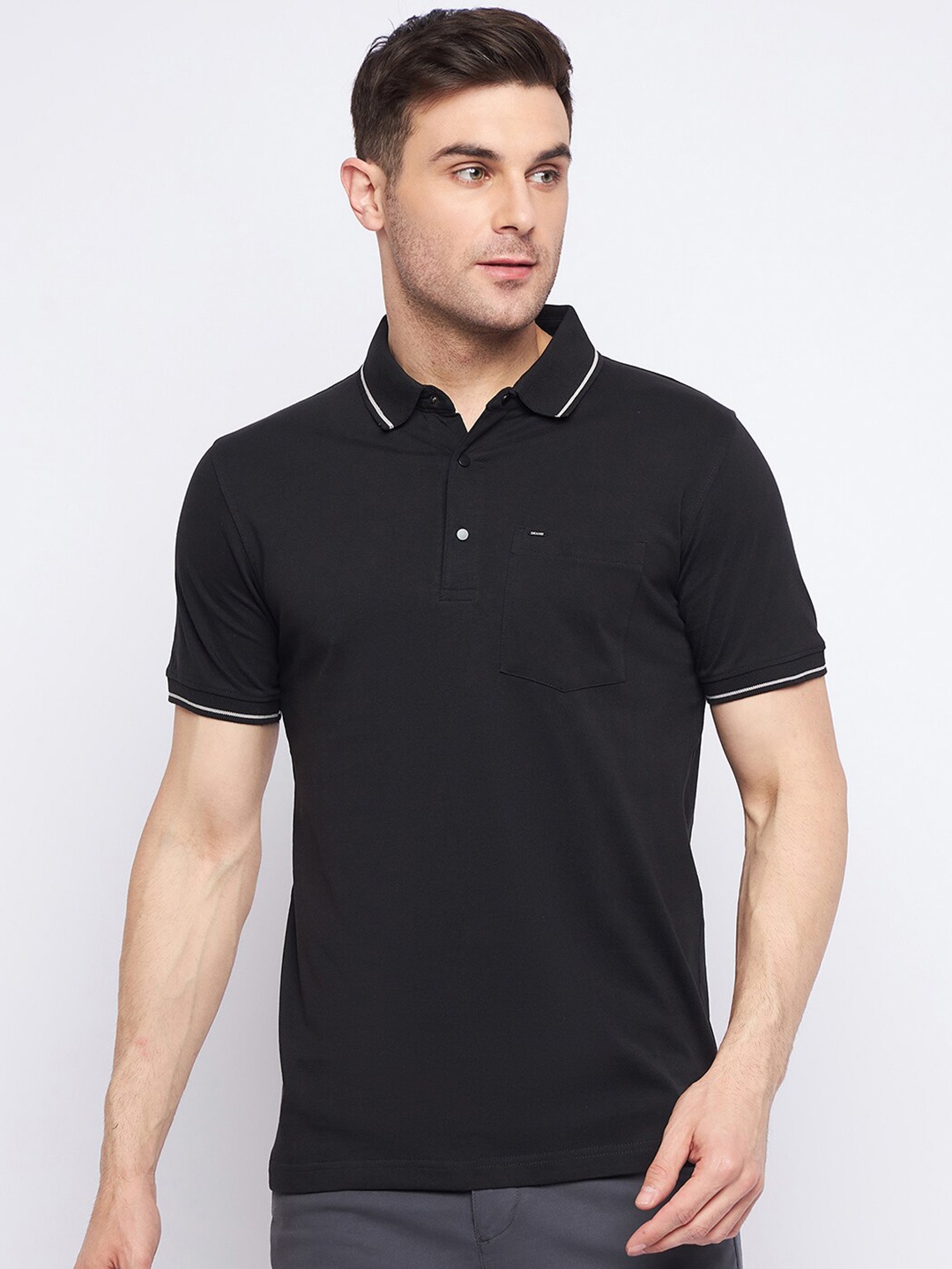 

Okane Cotton Polo Collar Short Sleeve Casual T-shirt, Black