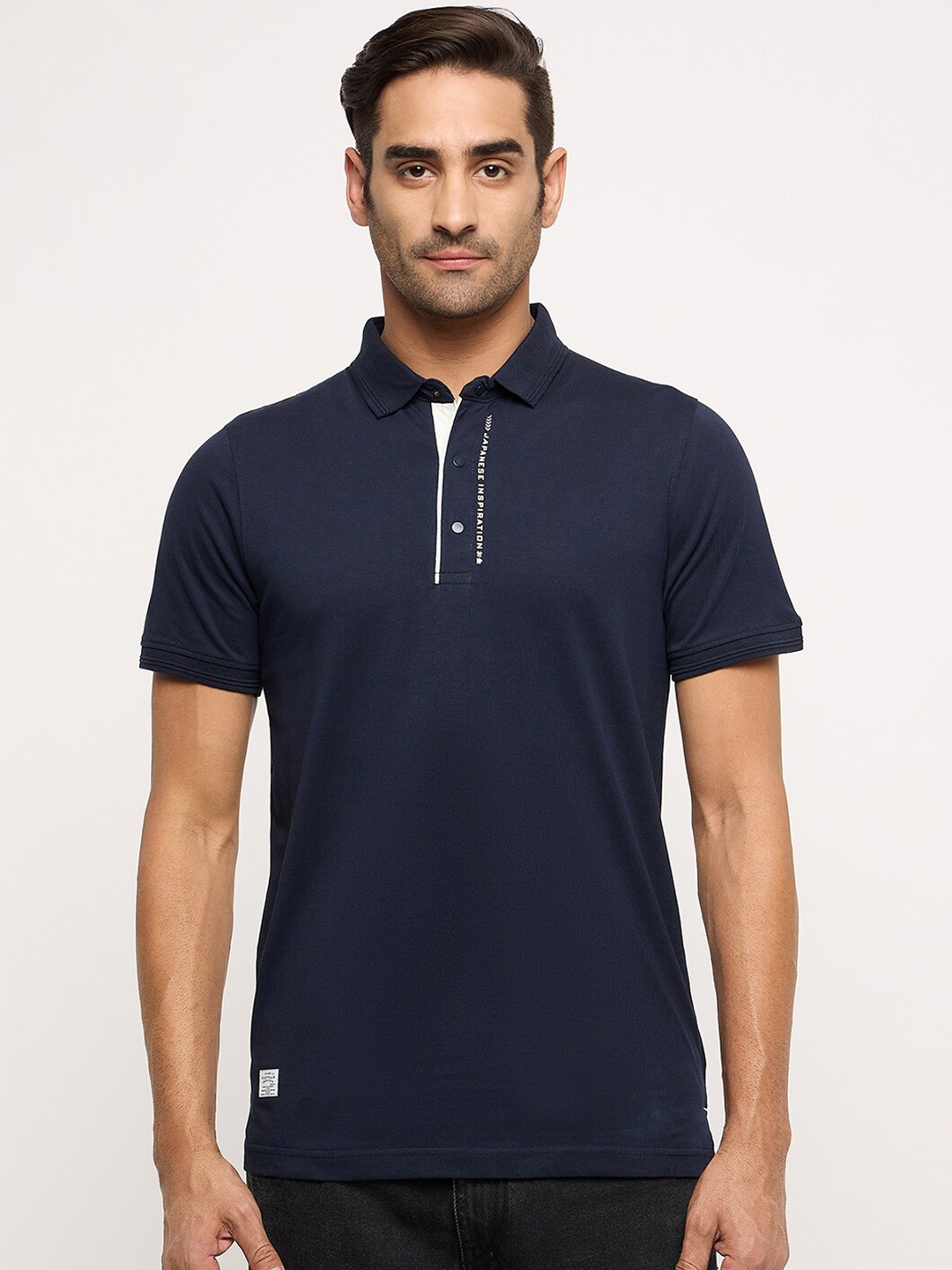 

Okane Cotton Polo Collar Short Sleeves Pockets Casual T-shirt, Navy blue