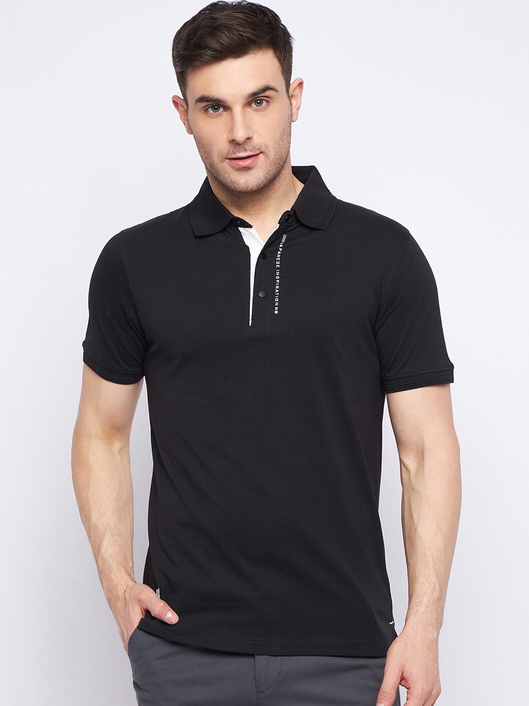 

Okane Cotton Polo Collar Short Sleeves Pockets Casual T-shirt, Black