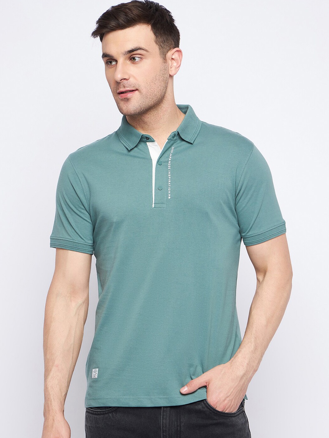 

Okane Cotton Polo Collar Short Sleeves Applique Casual T-shirt, Green