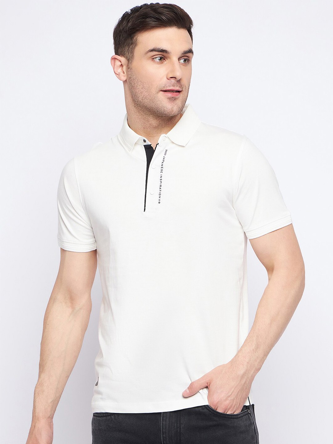 

Okane Cotton Polo Collar Short Sleeves Pockets Casual T-shirt, White
