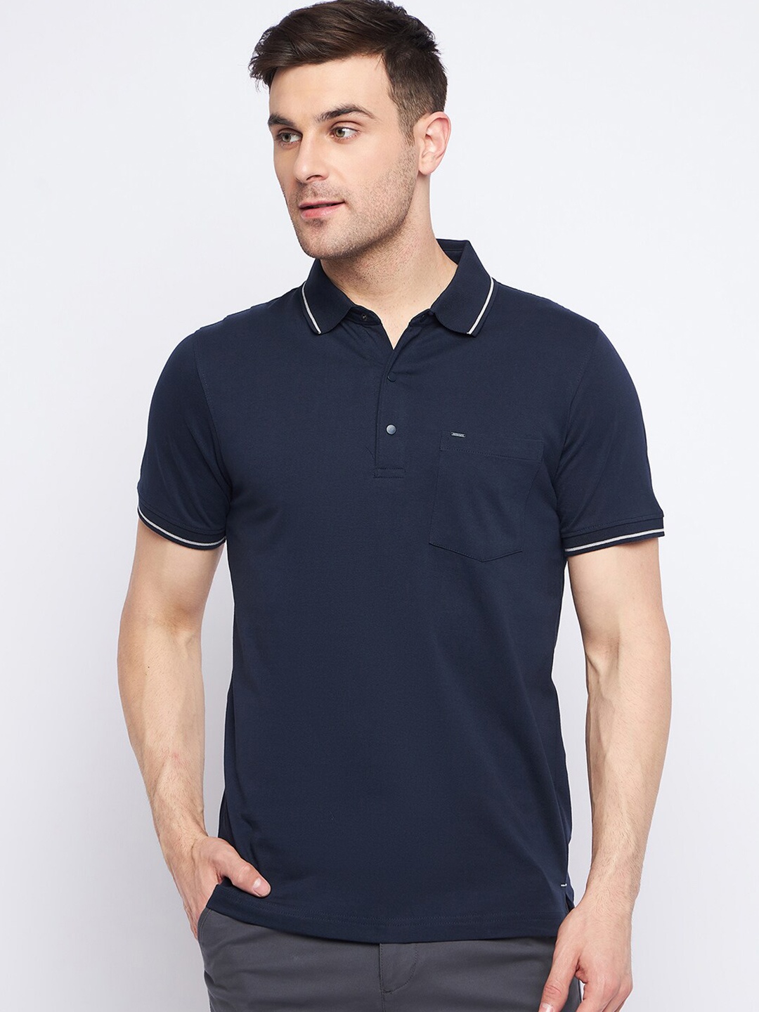 

Okane Cotton Polo Collar Short Sleeves Pockets Casual T-shirt, Navy blue