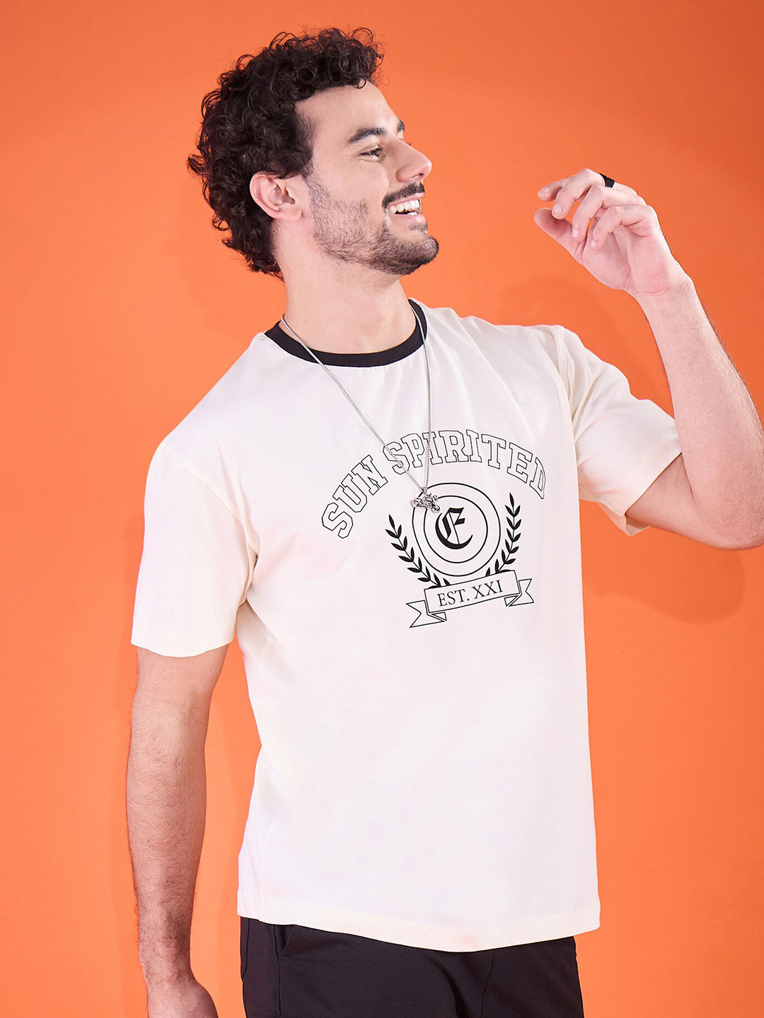 

EDRIO Typography Printed Cotton T-Shirt, Cream