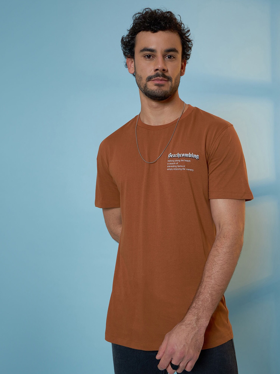 

EDRIO Typography Printed Cotton T-Shirt, Brown