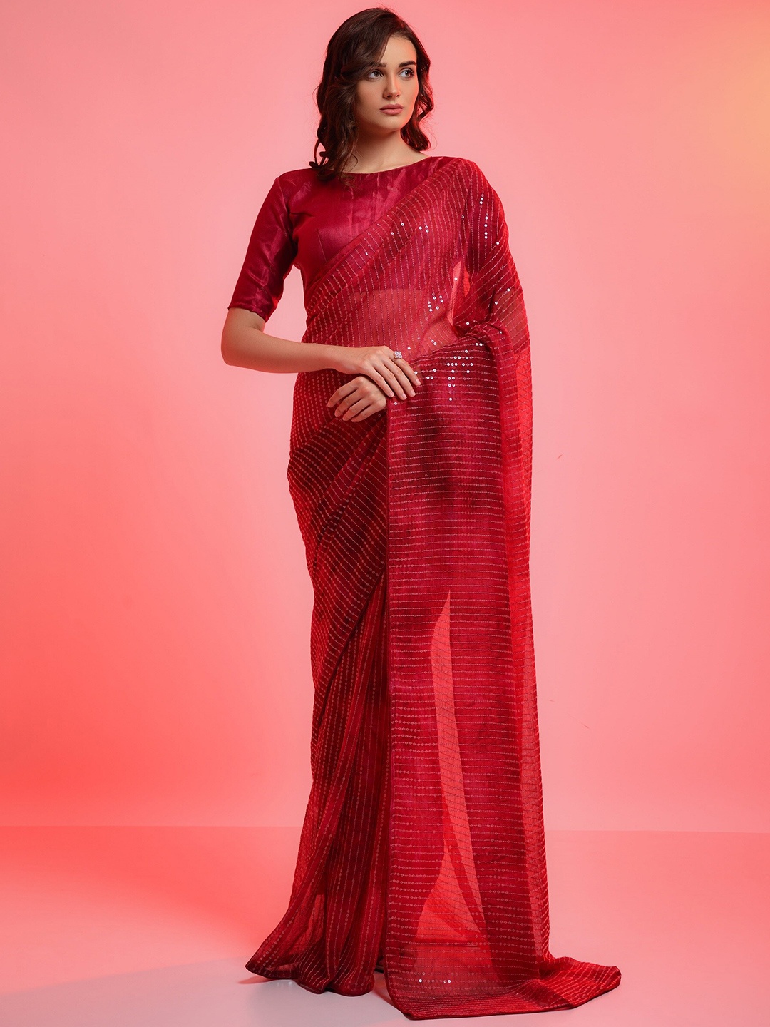 

Mitera Embellished Sequinned Poly Chiffon Saree, Red