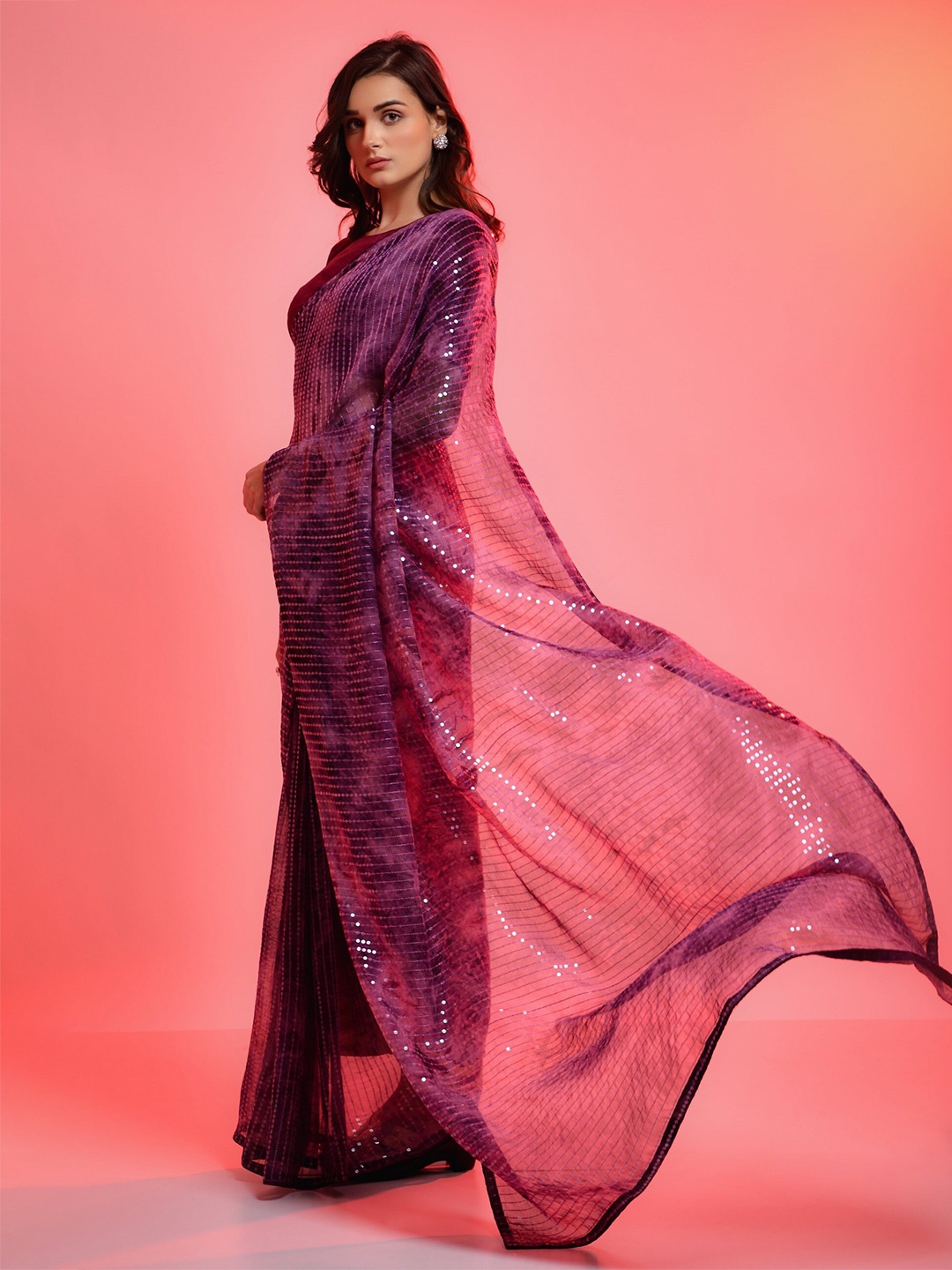 

Mitera Sequinned Embellished Poly Chiffon Saree, Purple