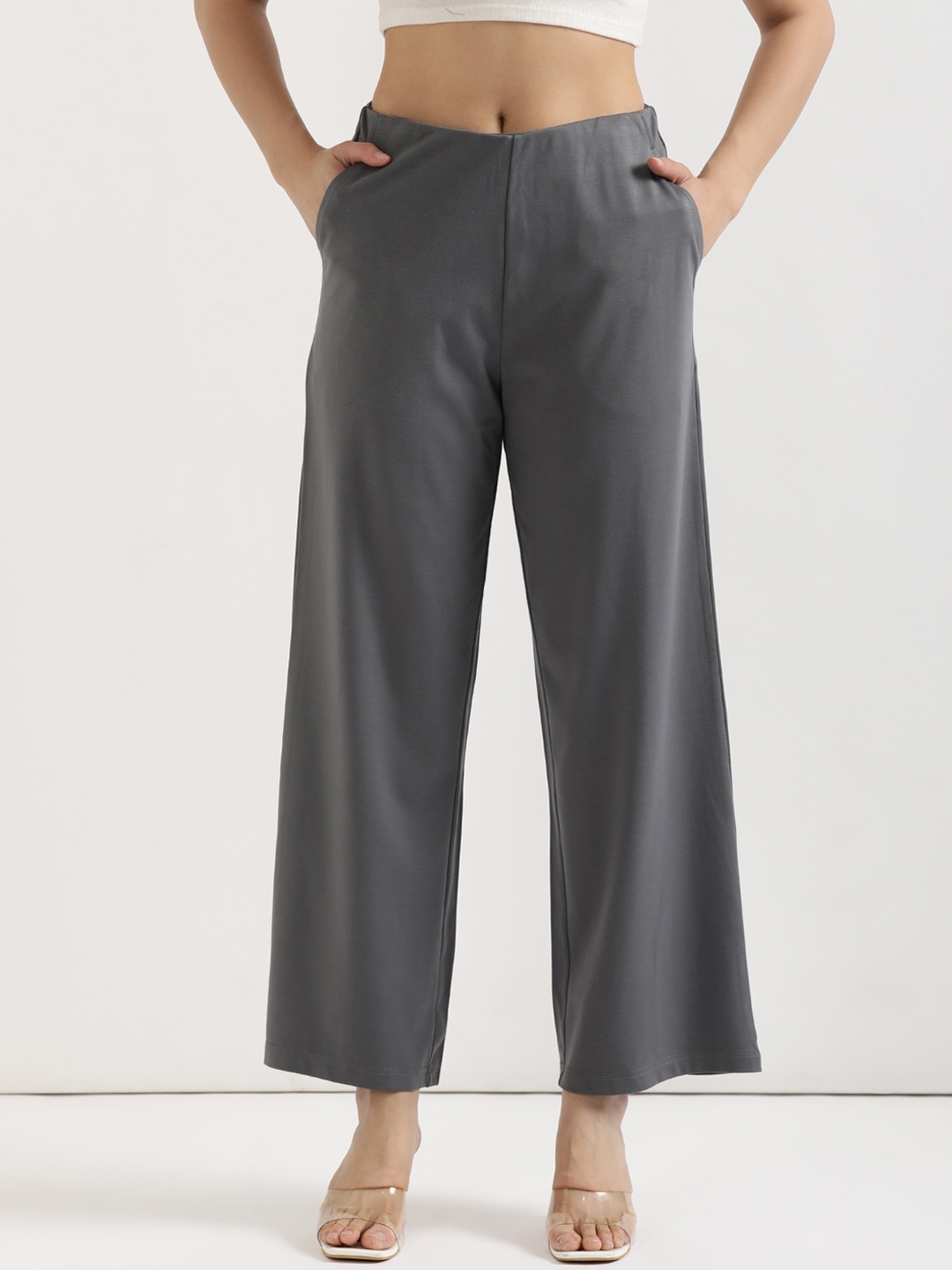 

SAADAA Women Straight Fit High-Rise Trousers, Charcoal