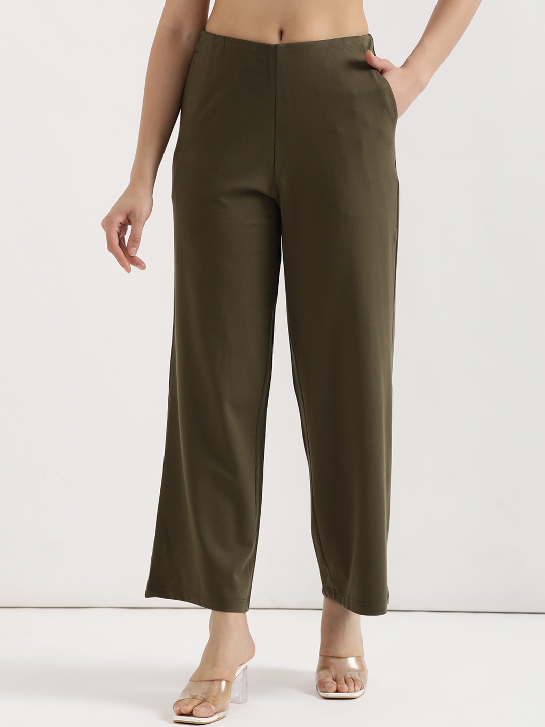 

SAADAA Women Straight Fit High-Rise Trousers, Olive