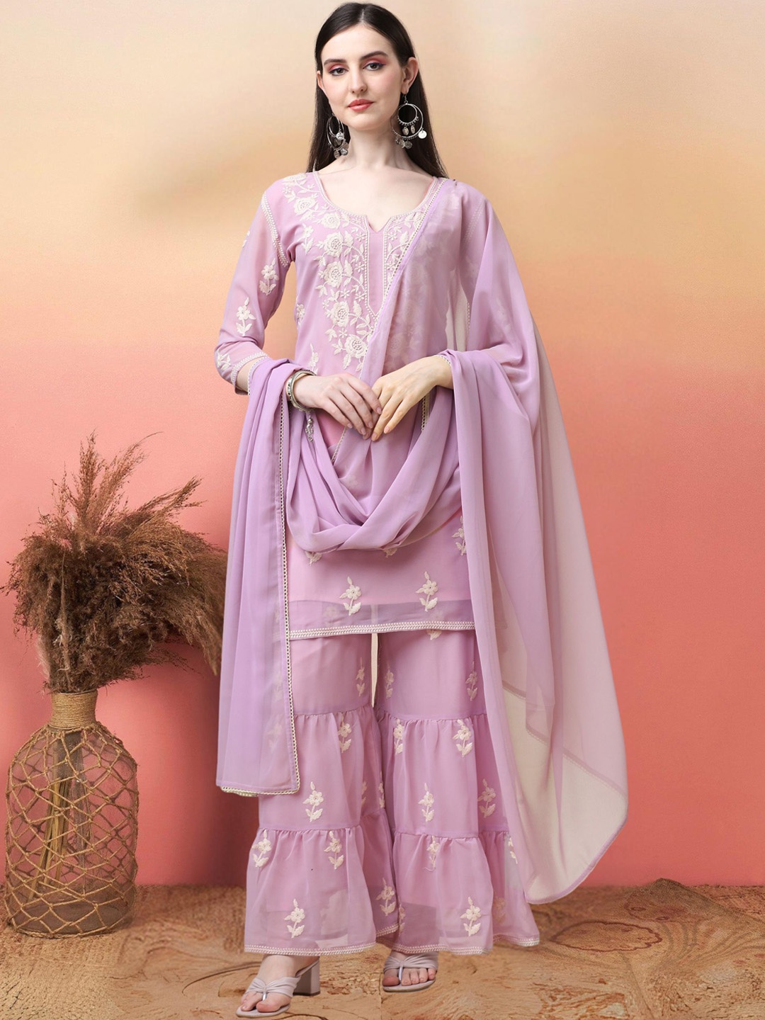 

KALINI Ethnic Embroidered Notched Neck Thread Work Straight Kurta with Sharara & Dupatta, Lavender