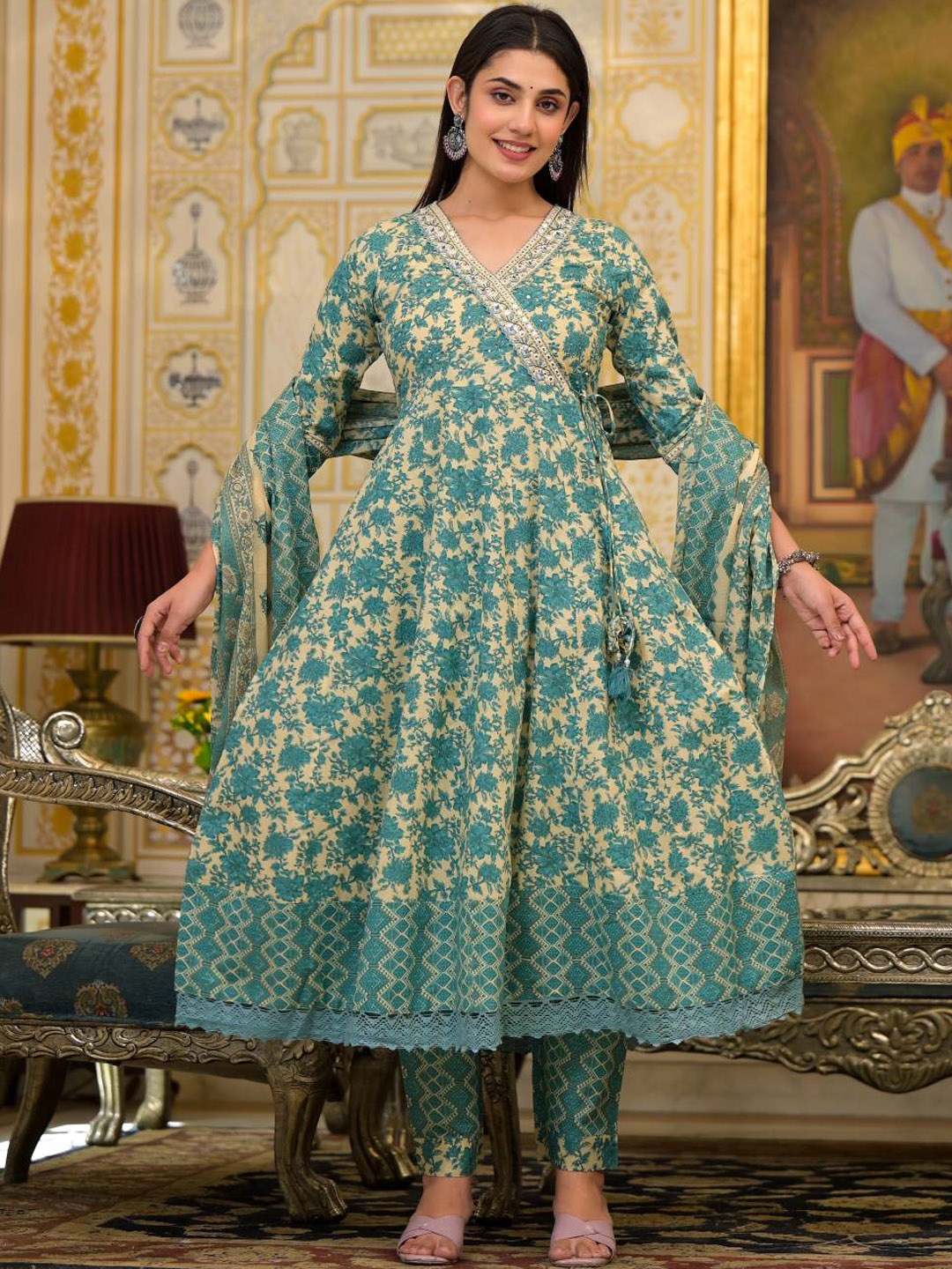 

Varanga Ethnic Motifs Printed Mirror Work Pure Cotton Kurta with Trousers & Dupatta, Teal