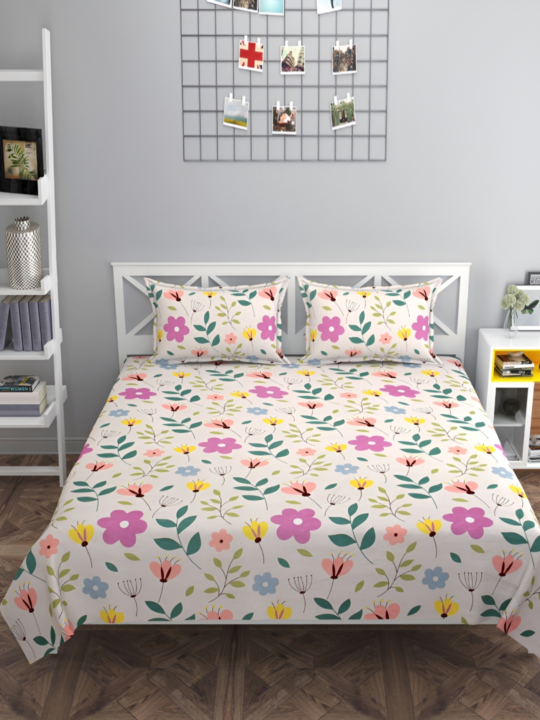 

FINE TEX WORLD Pink & Yellow Floral Flat 210 TC King Bedsheet with 2 Pillow Covers