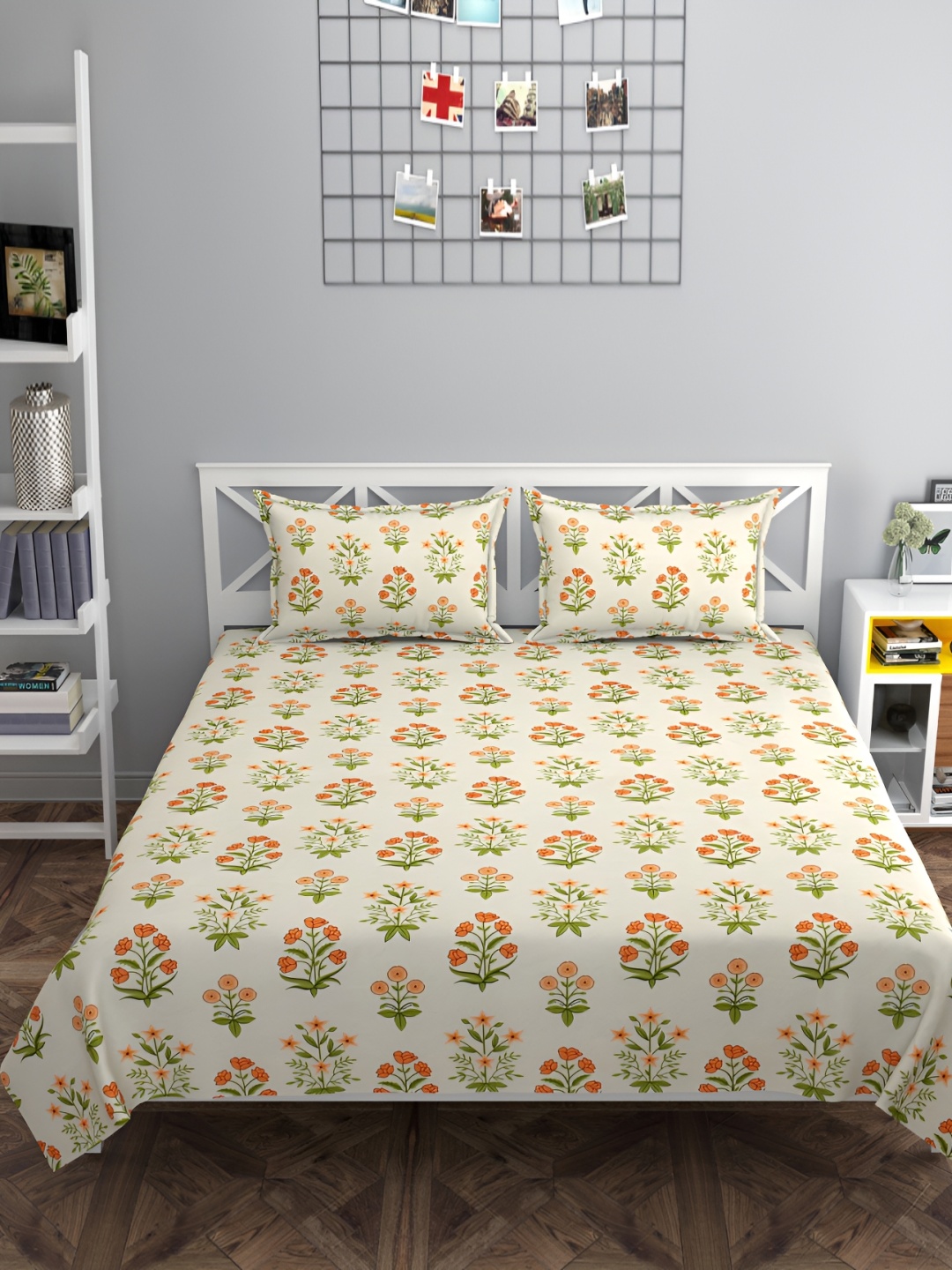 

FINE TEX WORLD Cream & Green Floral Flat 210 TC King Bedsheet with 2 Pillow Covers