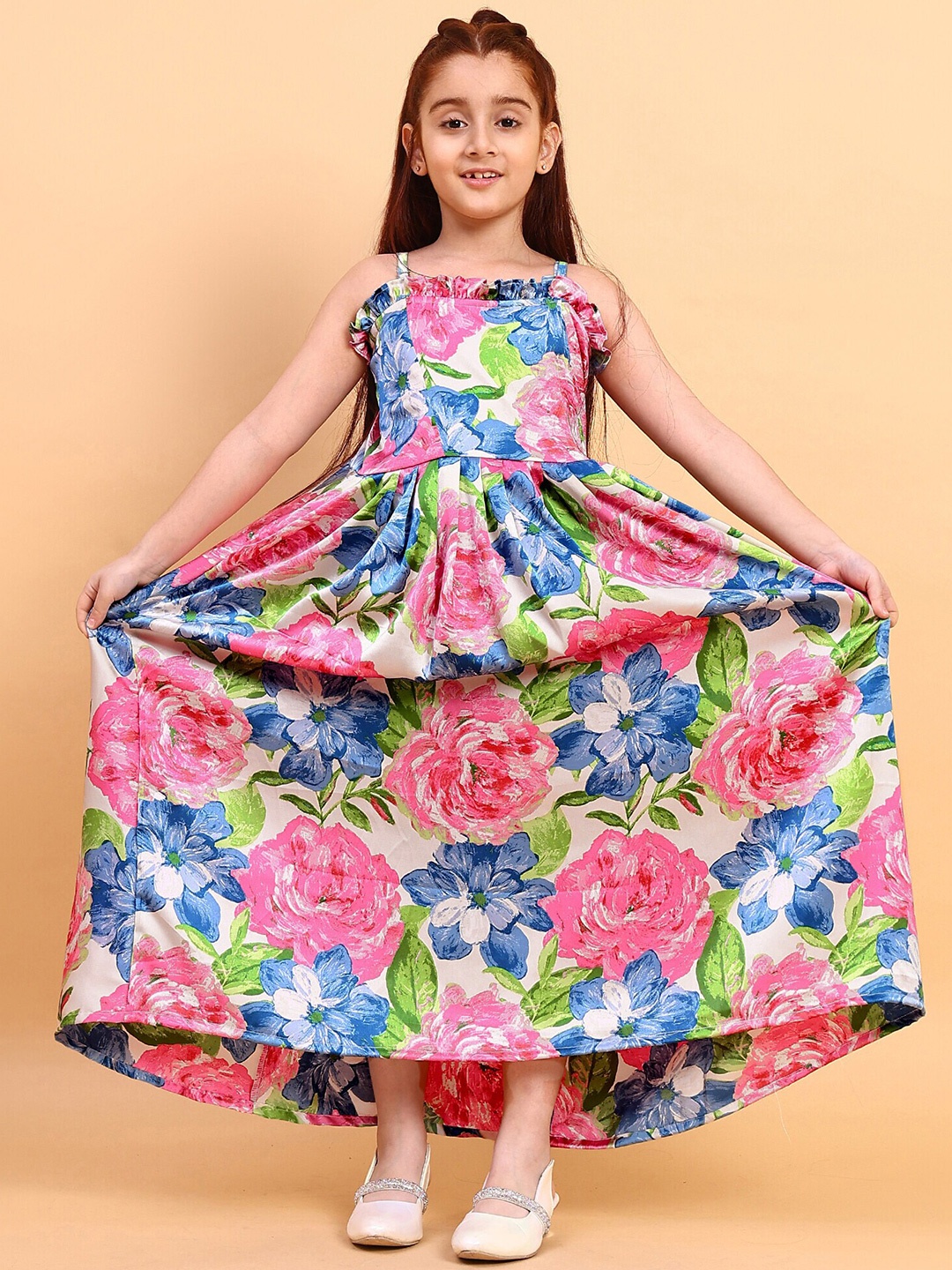 

YK Girls Floral Printed Shoulder Straps Ruffled & Smocked Maxi Dress, Blue